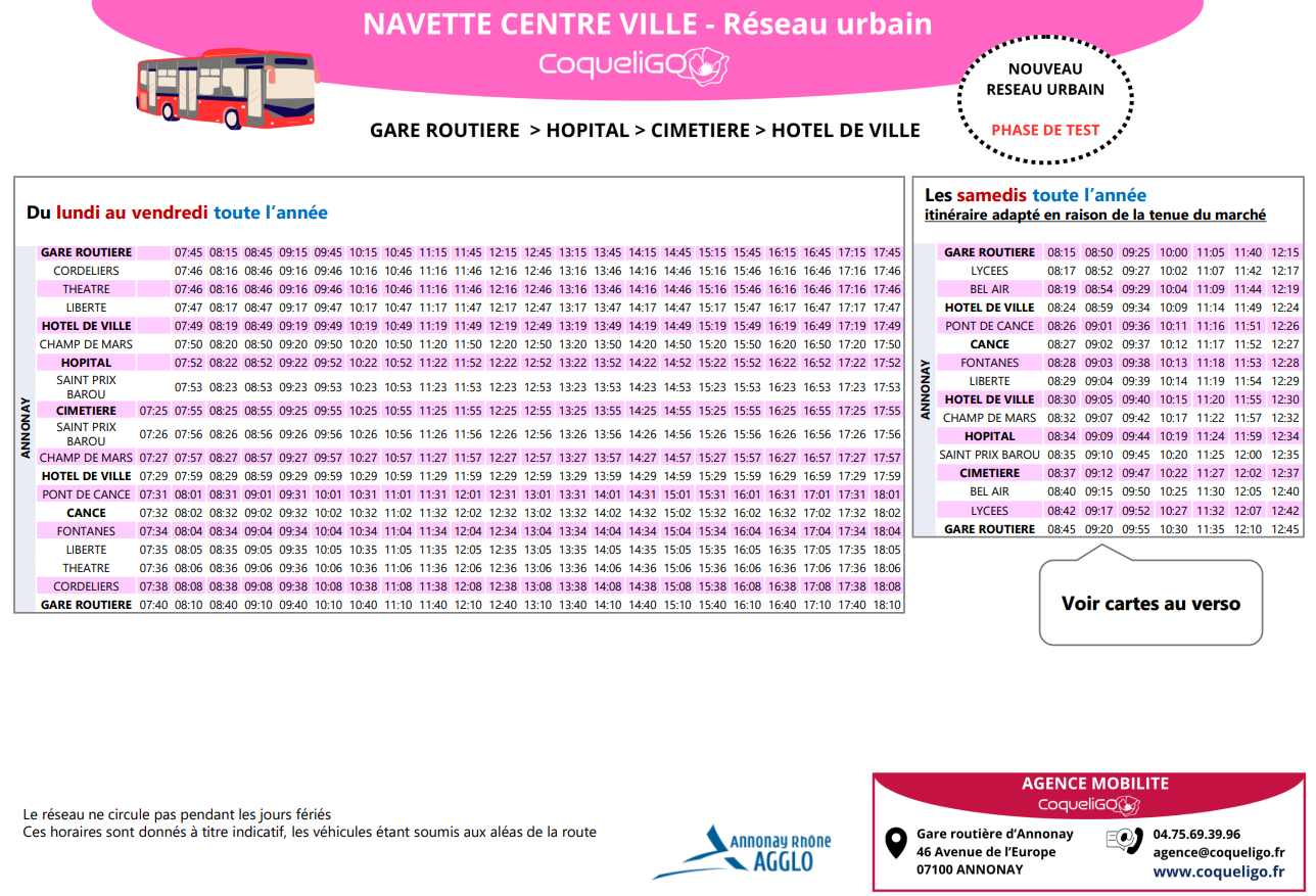 Horaires Navette du centre ville réseau urbain
